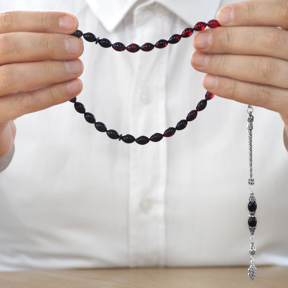 925 Ayar Gümüş Püsküllü Arpa Kesim Süzme Kırmızı Siyah Ateş Kehribar Tesbih - 3
