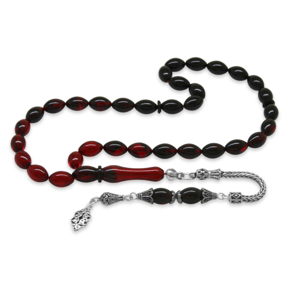 925 Ayar Gümüş Püsküllü Arpa Kesim Süzme Kırmızı Siyah Ateş Kehribar Tesbih - 4