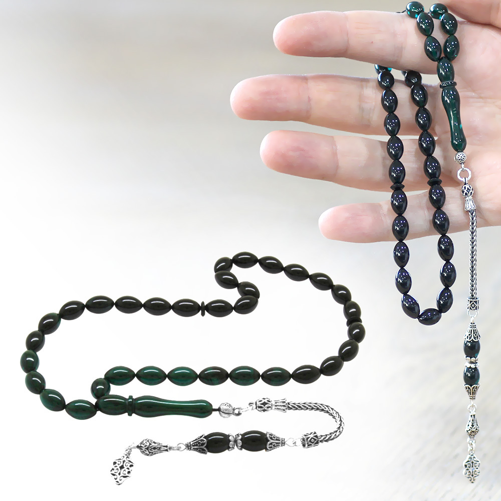 925 Ayar Gümüş Püsküllü Arpa Kesim Süzme Turkuaz Siyah Ateş Kehribar Tesbih - 1