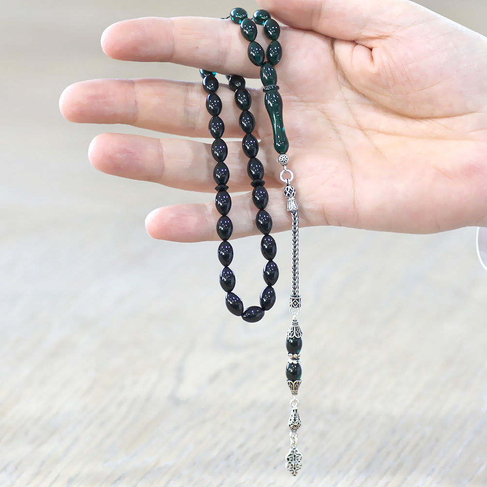 925 Ayar Gümüş Püsküllü Arpa Kesim Süzme Turkuaz Siyah Ateş Kehribar Tesbih - 2