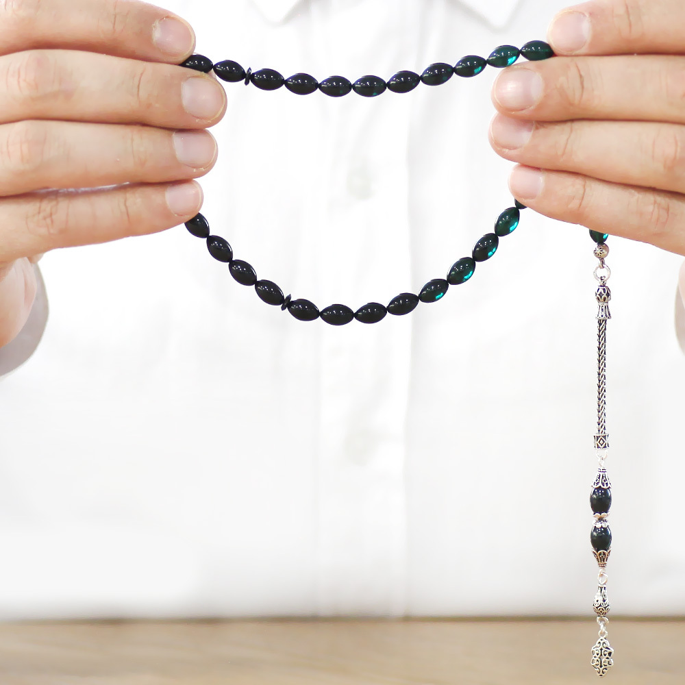 925 Ayar Gümüş Püsküllü Arpa Kesim Süzme Turkuaz Siyah Ateş Kehribar Tesbih - 3