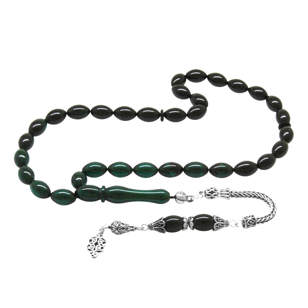 925 Ayar Gümüş Püsküllü Arpa Kesim Süzme Turkuaz Siyah Ateş Kehribar Tesbih - 4