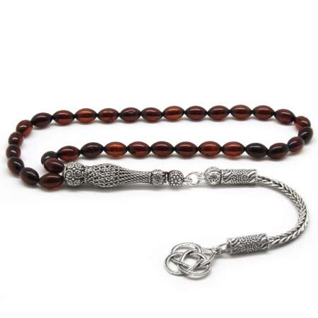 925 Ayar Gümüş Püsküllü Arpa Kesim Ufak Boy Kırmızı Damla Kehribar Tesbih - Tesbihane