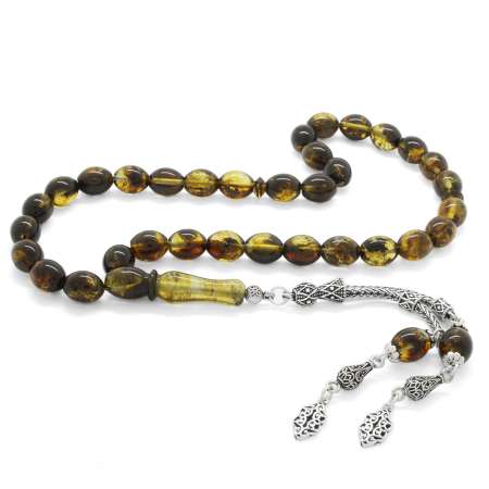 925 Ayar Gümüş Püsküllü Arpa Kesim Yoğun Fosilli Sarı Damla Kehribar Tesbih - Tesbihane