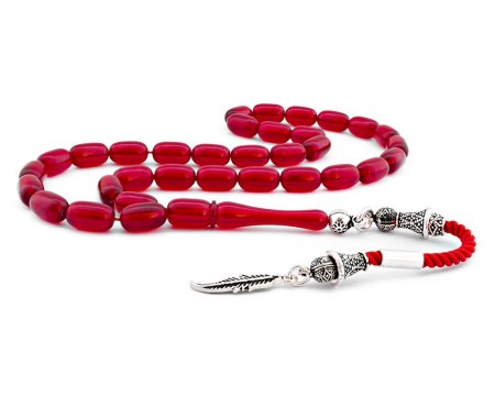 925 Ayar Gümüş Püsküllü Ateş Rengi Bakalit Kehribar Tesbih - Tesbihane