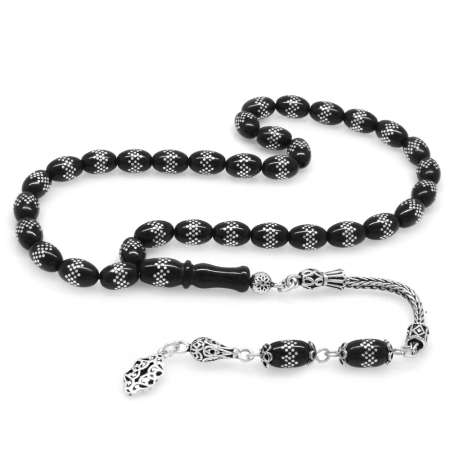 925 Ayar Gümüş Püsküllü Baklava Desenli Arpa Kesim Rus Oltu Tesbih - Tesbihane