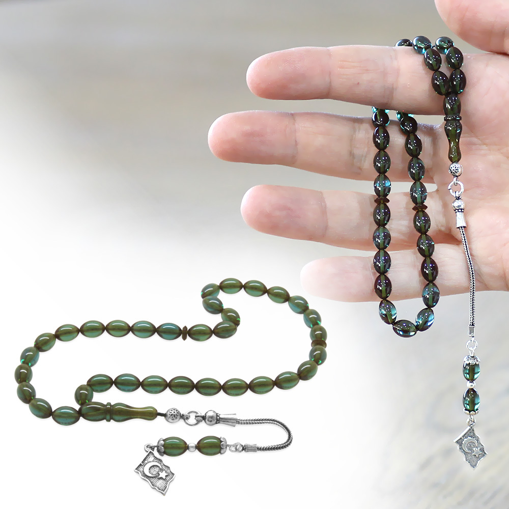 925 Ayar Gümüş Püsküllü Arpa Kesim Bilek Boy Su Mavi Ateş Kehribar Tesbih - 1