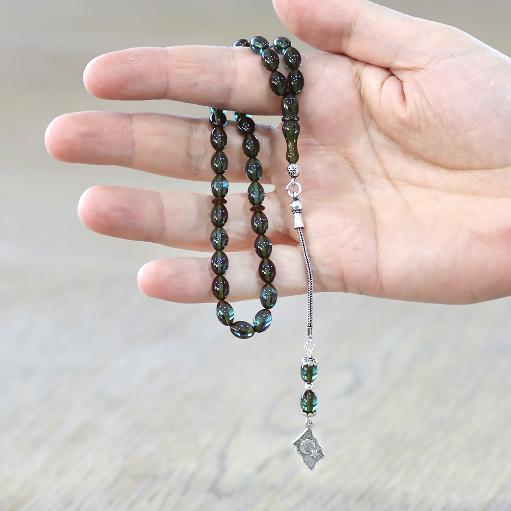 925 Ayar Gümüş Püsküllü Arpa Kesim Bilek Boy Su Mavi Ateş Kehribar Tesbih - 2