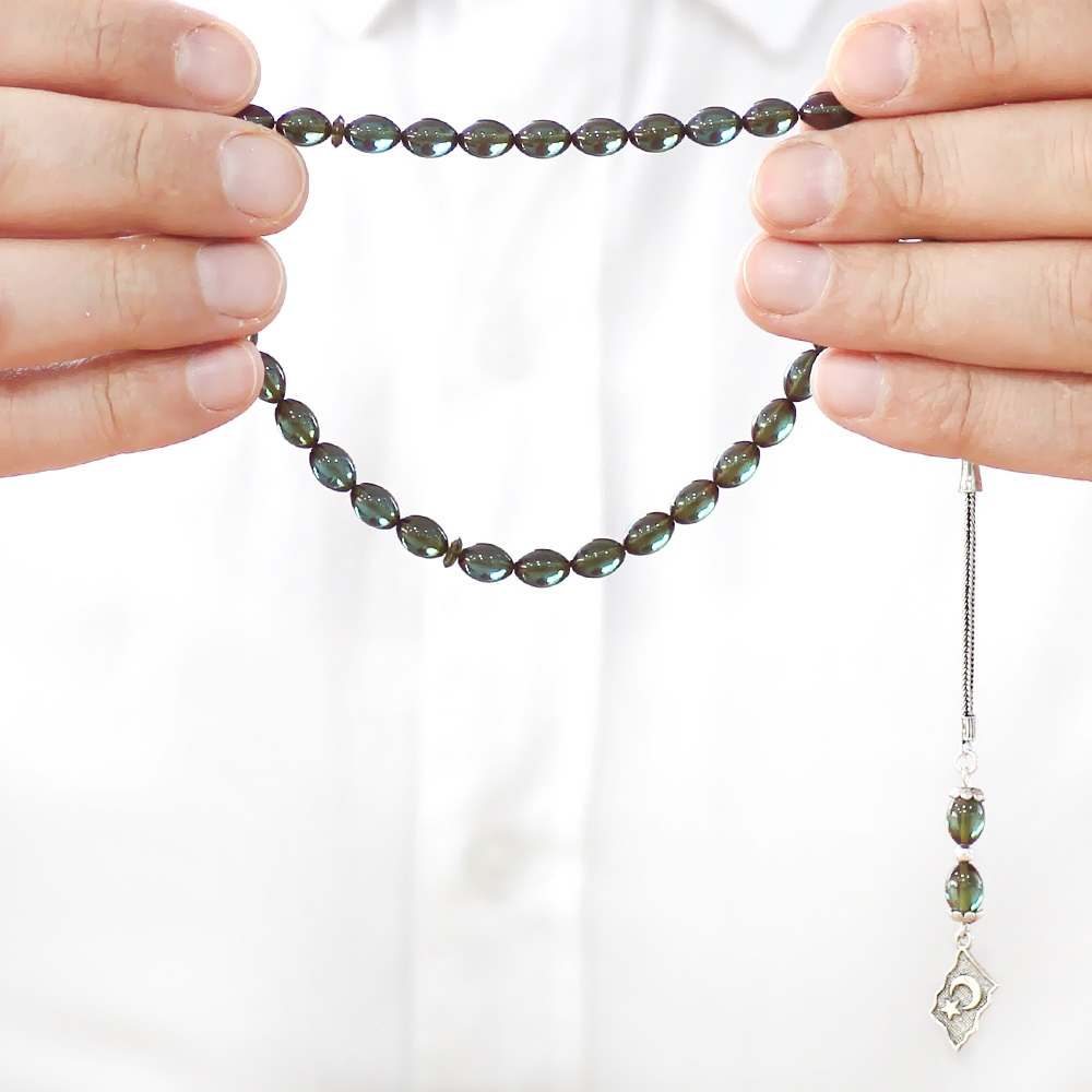 925 Ayar Gümüş Püsküllü Arpa Kesim Bilek Boy Su Mavi Ateş Kehribar Tesbih - 3