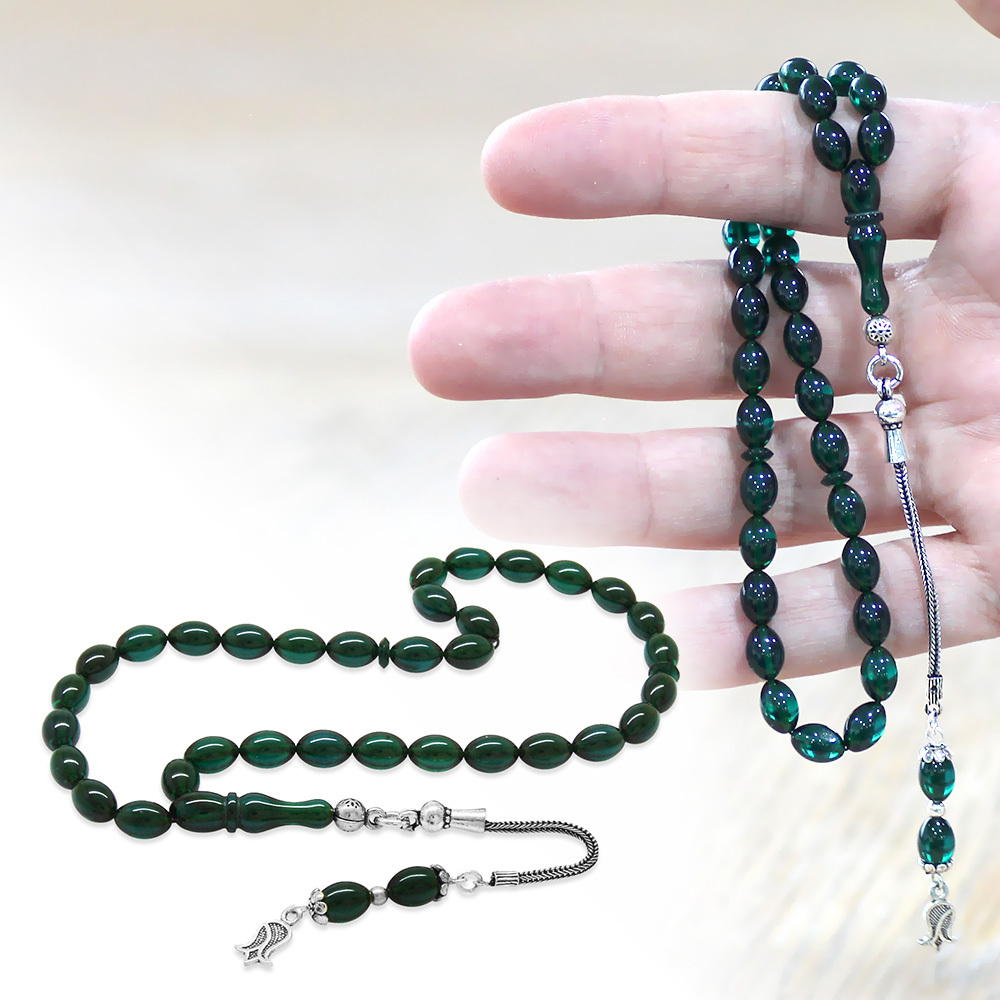 925 Ayar Gümüş Püsküllü Arpa Kesim Bilek Boy Turkuaz Ateş Kehribar Tesbih - 1