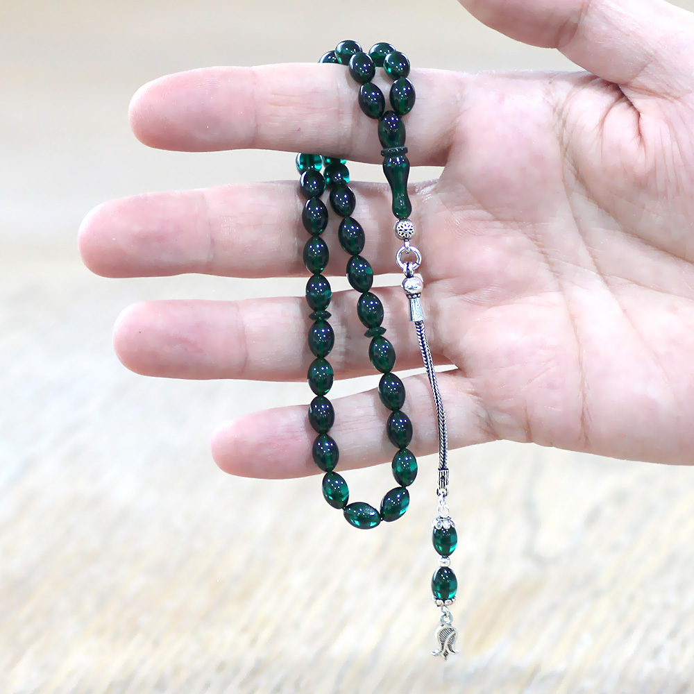 925 Ayar Gümüş Püsküllü Arpa Kesim Bilek Boy Turkuaz Ateş Kehribar Tesbih - 2