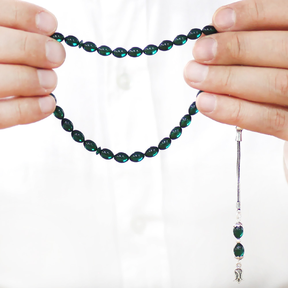 925 Ayar Gümüş Püsküllü Arpa Kesim Bilek Boy Turkuaz Ateş Kehribar Tesbih - 3