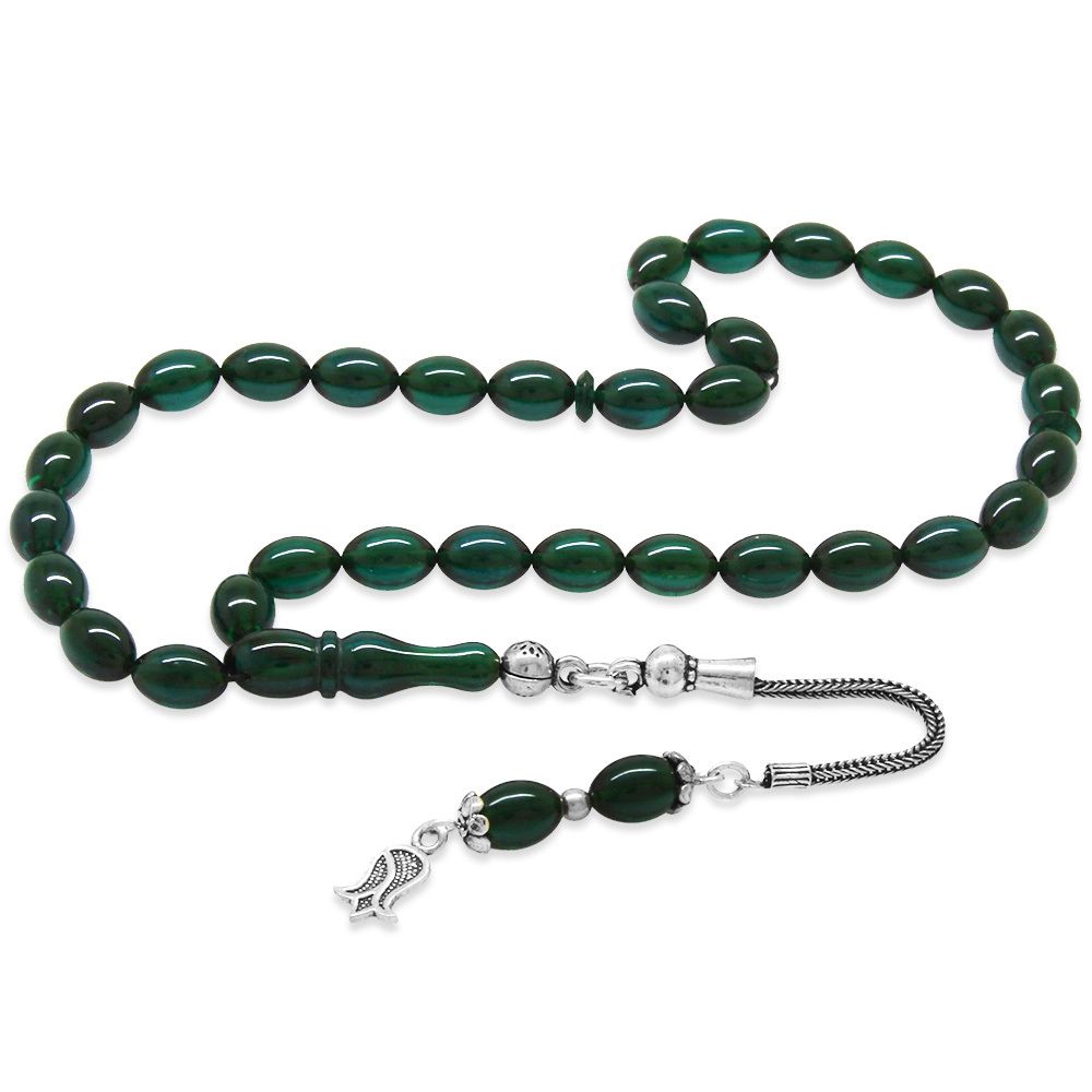 925 Ayar Gümüş Püsküllü Arpa Kesim Bilek Boy Turkuaz Ateş Kehribar Tesbih - 4