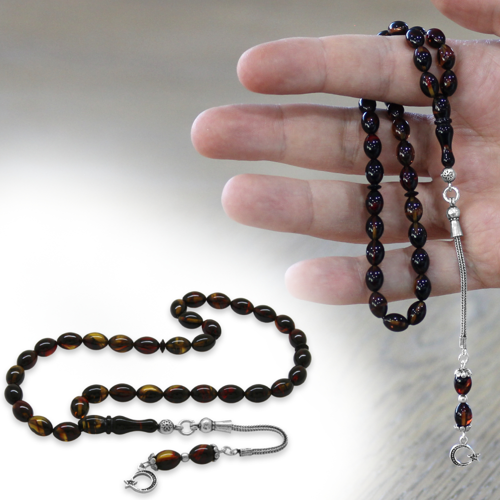 925 Ayar Gümüş Püsküllü Arpa Kesim Bilek Boy Bala Siyah Ateş Kehribar Tesbih - 1