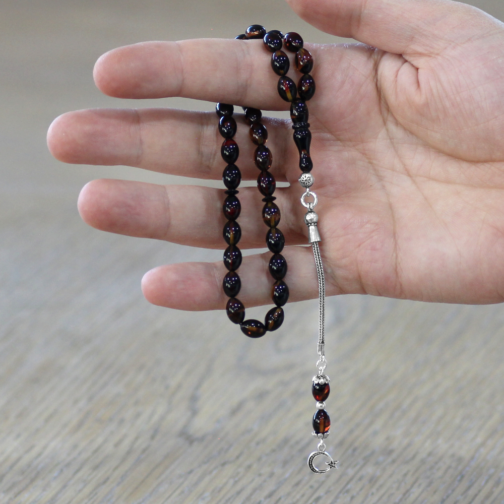 925 Ayar Gümüş Püsküllü Arpa Kesim Bilek Boy Bala Siyah Ateş Kehribar Tesbih - 2