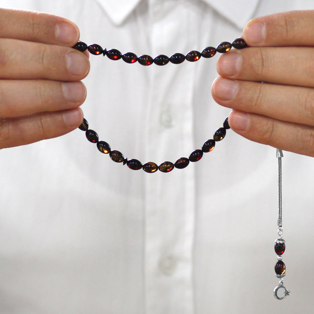 925 Ayar Gümüş Püsküllü Arpa Kesim Bilek Boy Bala Siyah Ateş Kehribar Tesbih - 3