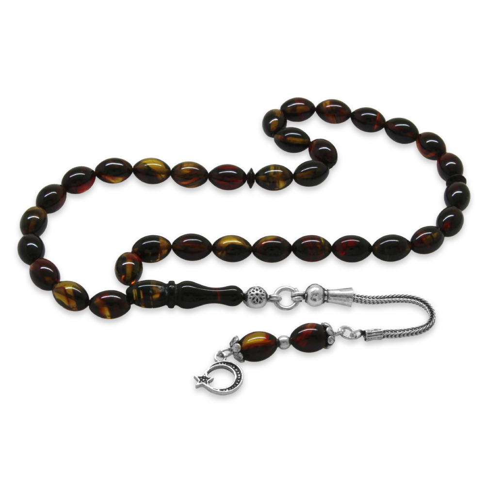 925 Ayar Gümüş Püsküllü Arpa Kesim Bilek Boy Bala Siyah Ateş Kehribar Tesbih - 4