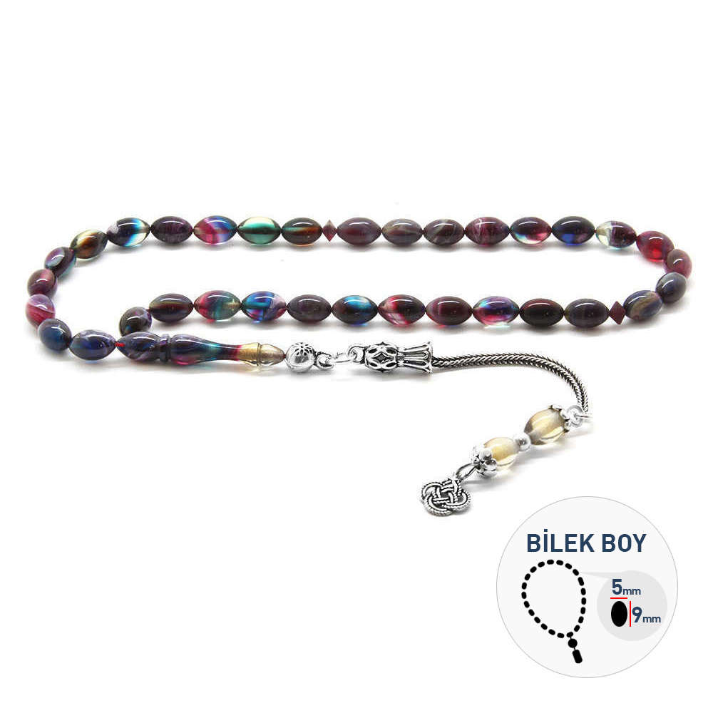 925 Ayar Gümüş Püsküllü Bilek Boy Bonibon Sıkma Kehribar Tesbih - 1
