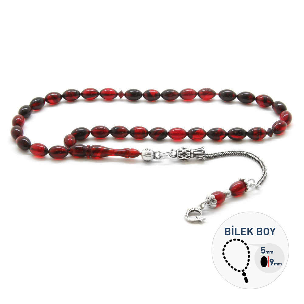 925 Ayar Gümüş Püsküllü Bilek Boy Kırmızı-Siyah Sıkma Kehribar Tesbih - 1