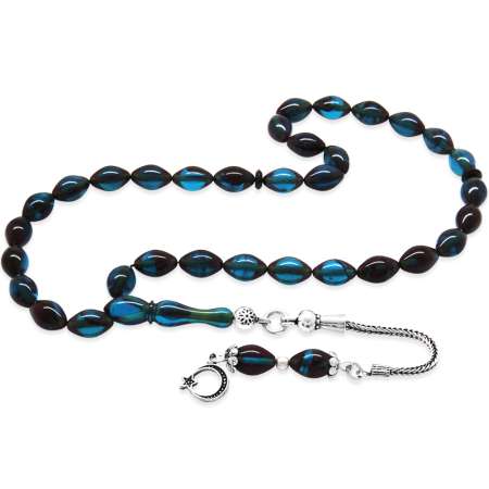 925 Ayar Gümüş Püsküllü Arpa Kesim Bilek Boy Mavi Siyah Sıkma Kehribar Tesbih - Tesbihane