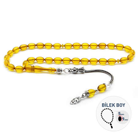 925 Ayar Gümüş Püsküllü Bilek Boy Sarı Sıkma Kehribar Tesbih - Tesbihane