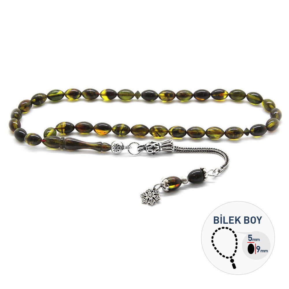 925 Ayar Gümüş Püsküllü Bilek Boy Sarı-Siyah Sıkma Kehribar Tesbih - 1