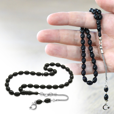 925 Ayar Gümüş Püsküllü Arpa Kesim Bilek Boy Siyah Sıkma Kehribar Tesbih - Tesbihane