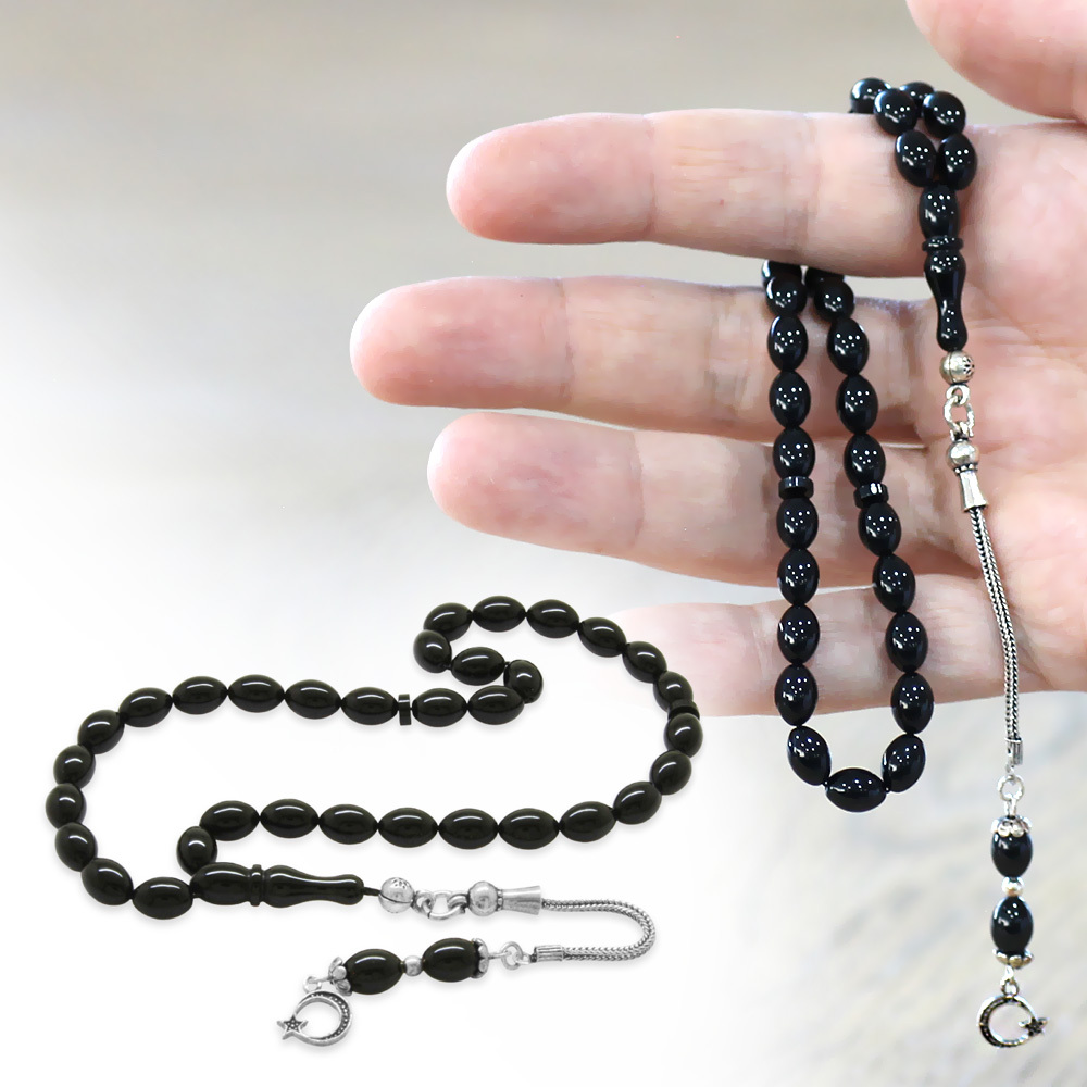 925 Ayar Gümüş Püsküllü Arpa Kesim Bilek Boy Siyah Sıkma Kehribar Tesbih - 1