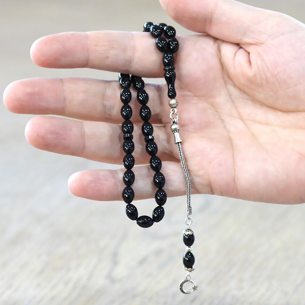 925 Ayar Gümüş Püsküllü Arpa Kesim Bilek Boy Siyah Sıkma Kehribar Tesbih - 2