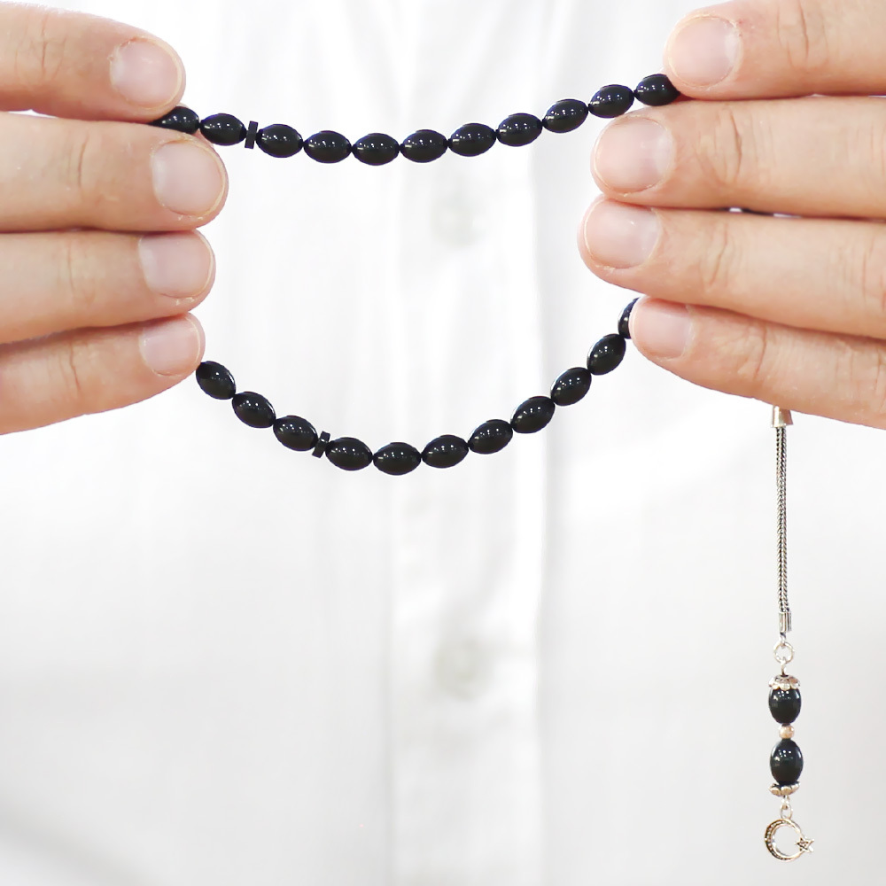 925 Ayar Gümüş Püsküllü Arpa Kesim Bilek Boy Siyah Sıkma Kehribar Tesbih - 3