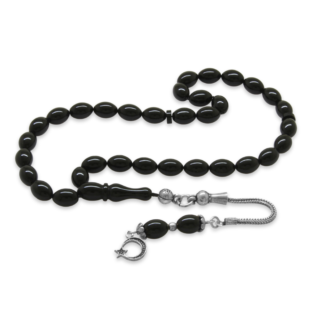 925 Ayar Gümüş Püsküllü Arpa Kesim Bilek Boy Siyah Sıkma Kehribar Tesbih - 4