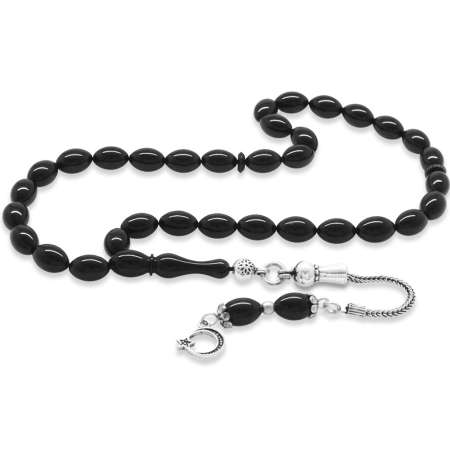 925 Ayar Gümüş Püsküllü Arpa Kesim Bilek Boy Siyah Sıkma Kehribar Tesbih - Tesbihane