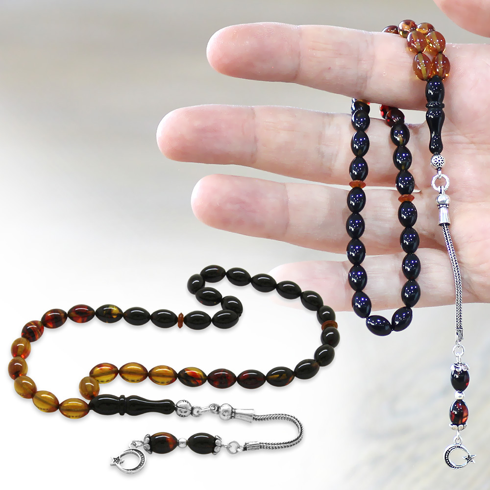 925 Ayar Gümüş Püsküllü Arpa Kesim Bilek Boy Süzme Bala Siyah Ateş Kehribar Tesbih - 1