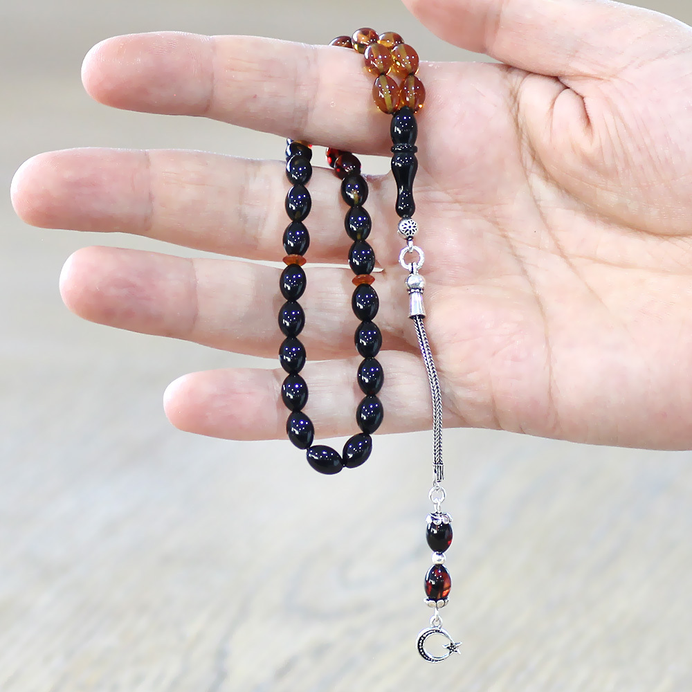 925 Ayar Gümüş Püsküllü Arpa Kesim Bilek Boy Süzme Bala Siyah Ateş Kehribar Tesbih - 2