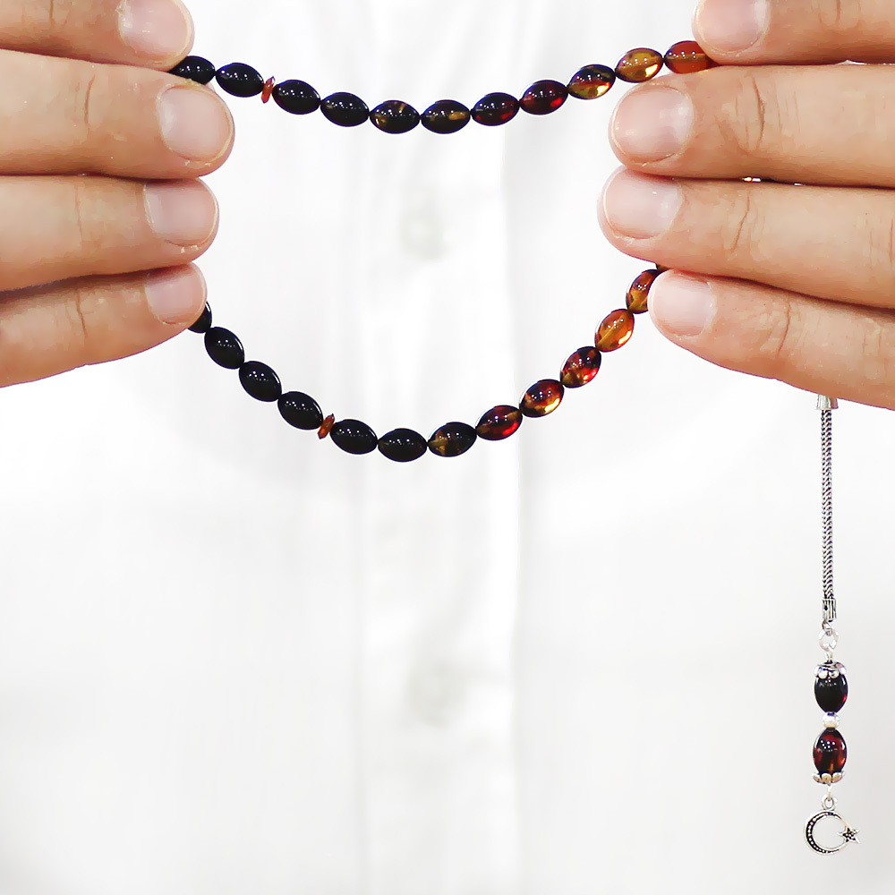 925 Ayar Gümüş Püsküllü Arpa Kesim Bilek Boy Süzme Bala Siyah Ateş Kehribar Tesbih - 3