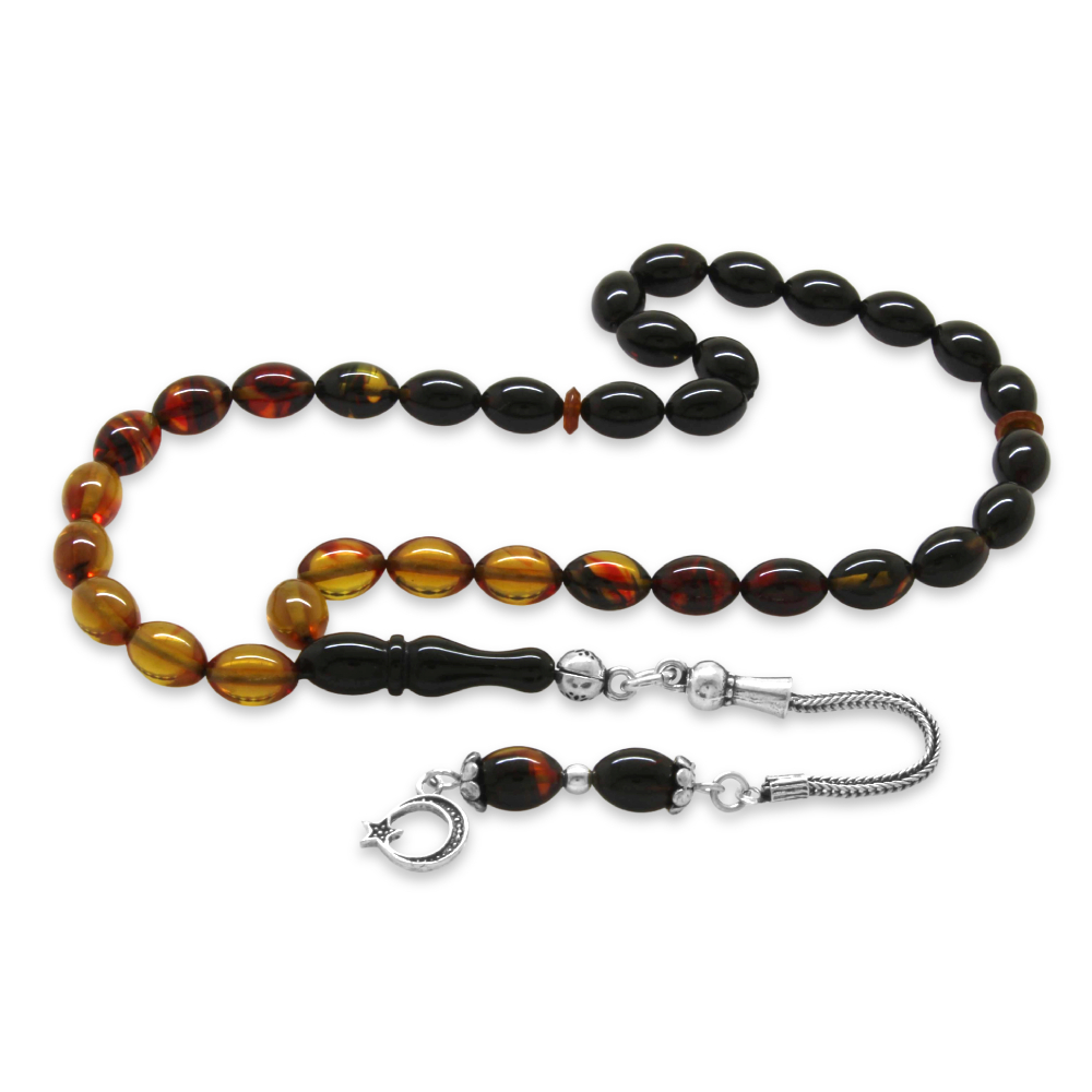 925 Ayar Gümüş Püsküllü Arpa Kesim Bilek Boy Süzme Bala Siyah Ateş Kehribar Tesbih - 4