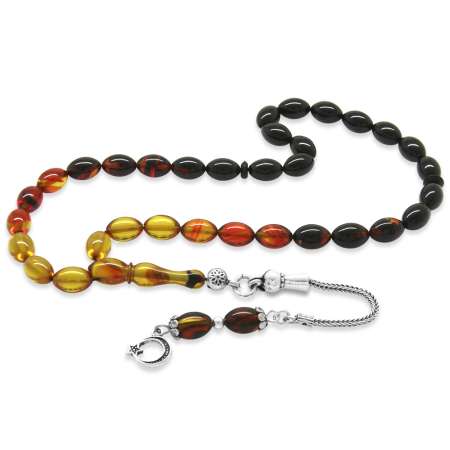 925 Ayar Gümüş Püsküllü Arpa Kesim Bilek Boy Süzme Bala Siyah Ateş Kehribar Tesbih - Tesbihane