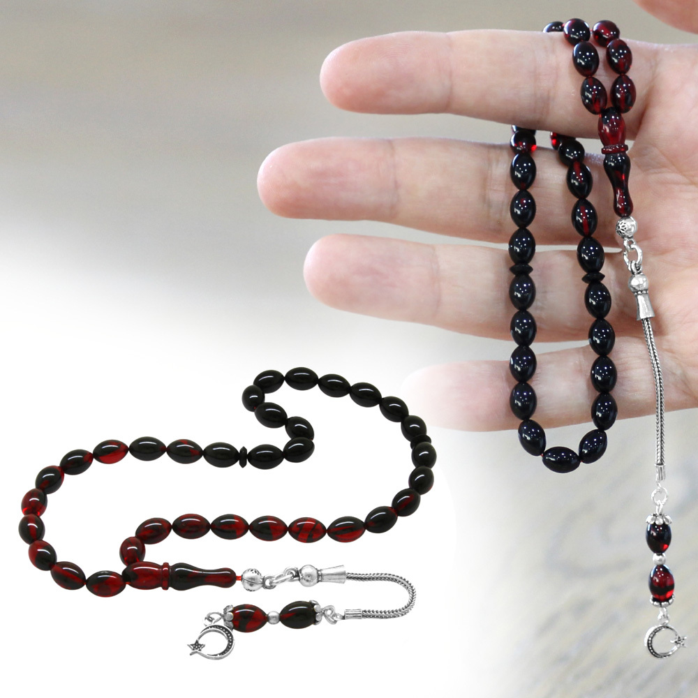 Ateş Kehribar Tesbih - 925 Ayar Gümüş Püsküllü - Süzme Kırmızı Siyah Renk - Bilek Boy - Arpa Kesim - 1