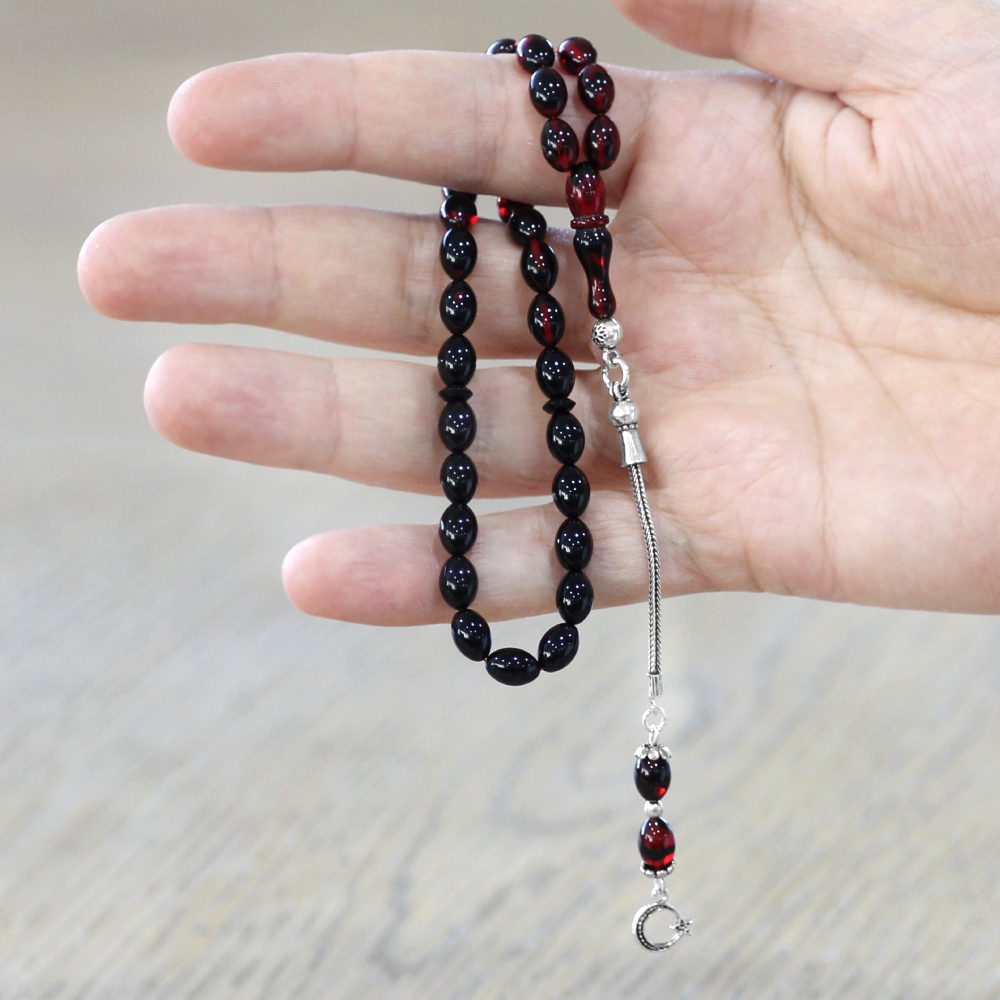 Ateş Kehribar Tesbih - 925 Ayar Gümüş Püsküllü - Süzme Kırmızı Siyah Renk - Bilek Boy - Arpa Kesim - 2