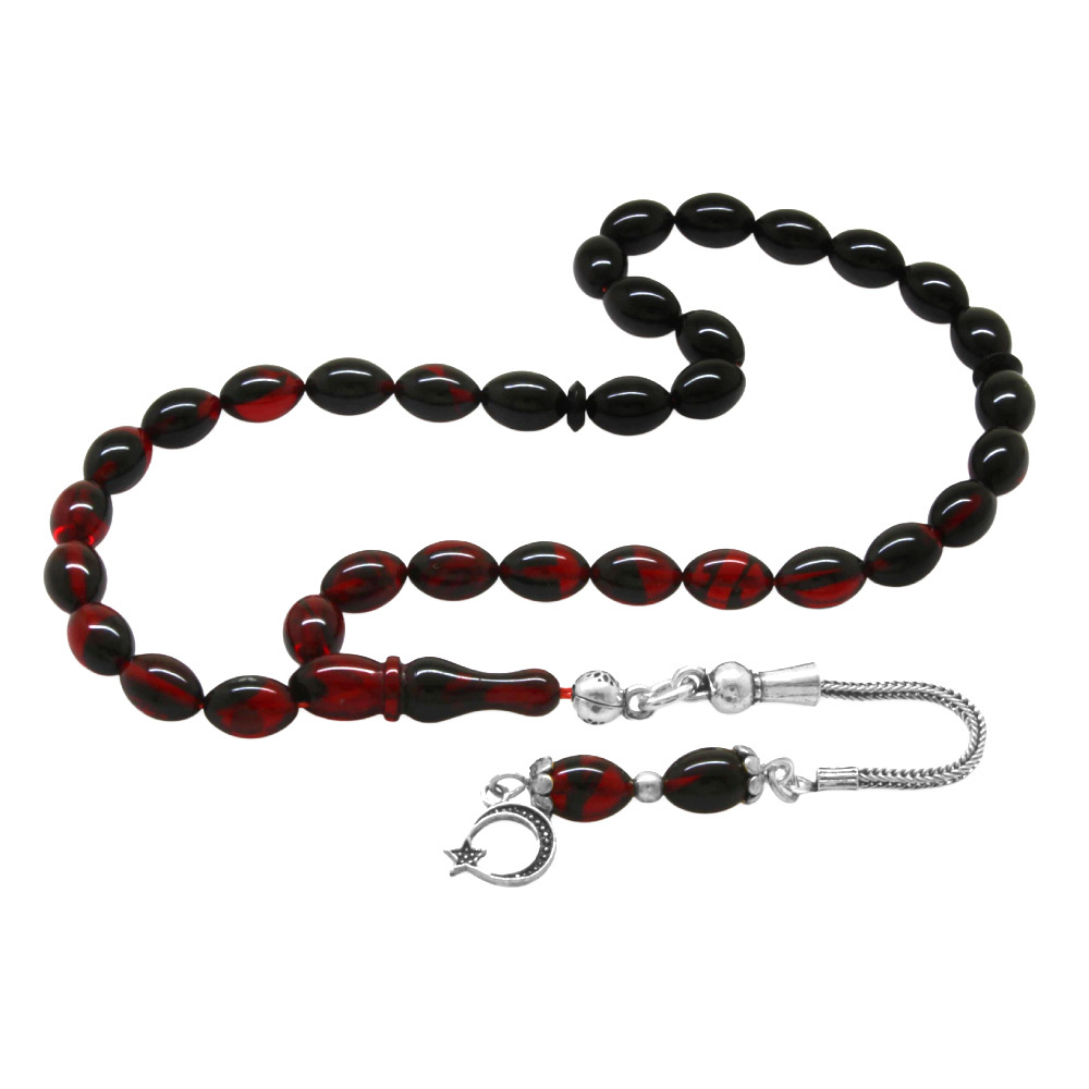 Ateş Kehribar Tesbih - 925 Ayar Gümüş Püsküllü - Süzme Kırmızı Siyah Renk - Bilek Boy - Arpa Kesim - 4