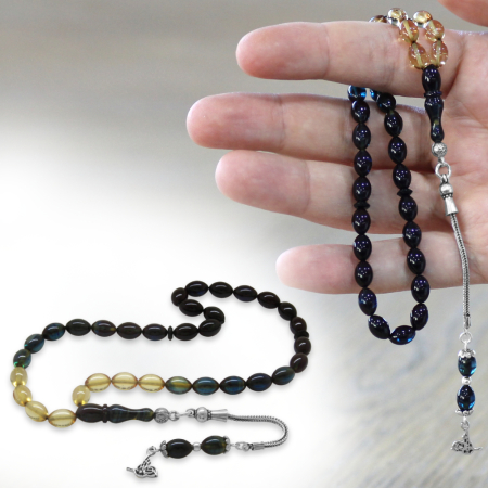 925 Ayar Gümüş Püsküllü Arpa Kesim Bilek Boy Süzme Mavi Beyaz Ateş Kehribar Tesbih - Tesbihane