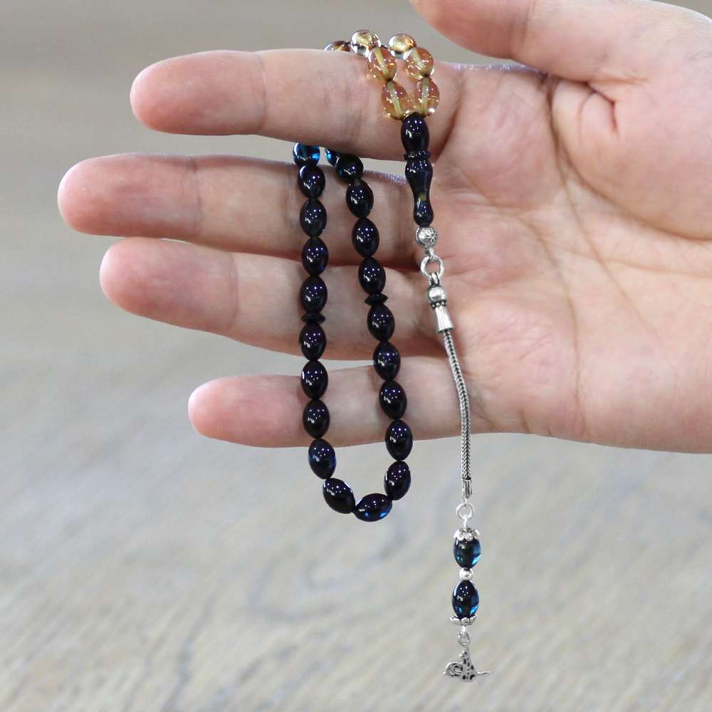 925 Ayar Gümüş Püsküllü Arpa Kesim Bilek Boy Süzme Mavi Beyaz Ateş Kehribar Tesbih - 2