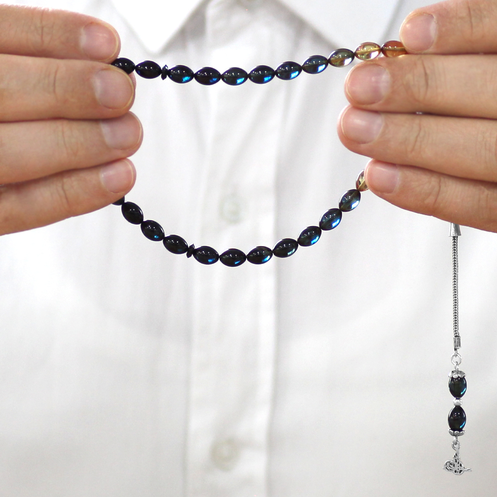 925 Ayar Gümüş Püsküllü Arpa Kesim Bilek Boy Süzme Mavi Beyaz Ateş Kehribar Tesbih - 3