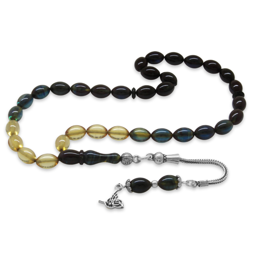 925 Ayar Gümüş Püsküllü Arpa Kesim Bilek Boy Süzme Mavi Beyaz Ateş Kehribar Tesbih - 4