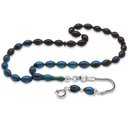 925 Ayar Gümüş Püsküllü Arpa Kesim Bilek Boy Süzme Mavi Siyah Sıkma Kehribar Tesbih - Tesbihane