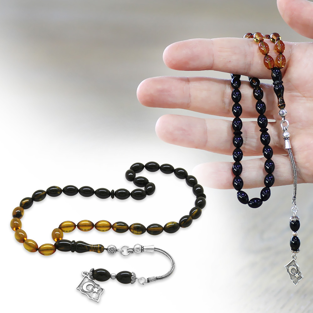 925 Ayar Gümüş Püsküllü Arpa Kesim Bilek Boy Süzme Sarı Siyah Ateş Kehribar Tesbih - 1