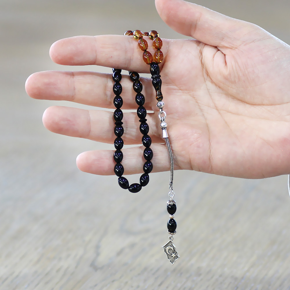 925 Ayar Gümüş Püsküllü Arpa Kesim Bilek Boy Süzme Sarı Siyah Ateş Kehribar Tesbih - 2