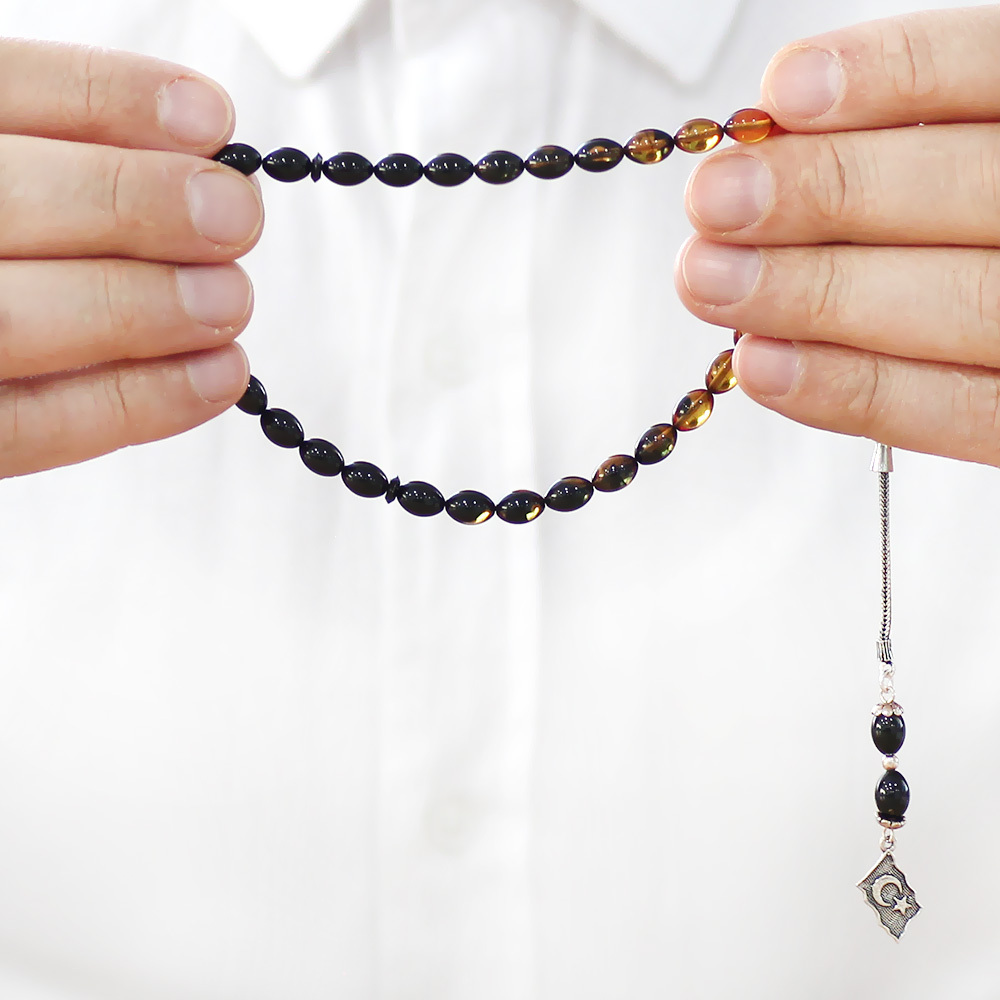 925 Ayar Gümüş Püsküllü Arpa Kesim Bilek Boy Süzme Sarı Siyah Ateş Kehribar Tesbih - 3