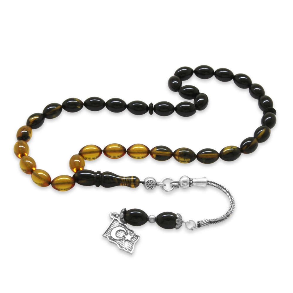 925 Ayar Gümüş Püsküllü Arpa Kesim Bilek Boy Süzme Sarı Siyah Ateş Kehribar Tesbih - 4