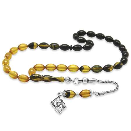 925 Ayar Gümüş Püsküllü Arpa Kesim Bilek Boy Süzme Sarı Siyah Ateş Kehribar Tesbih - Tesbihane